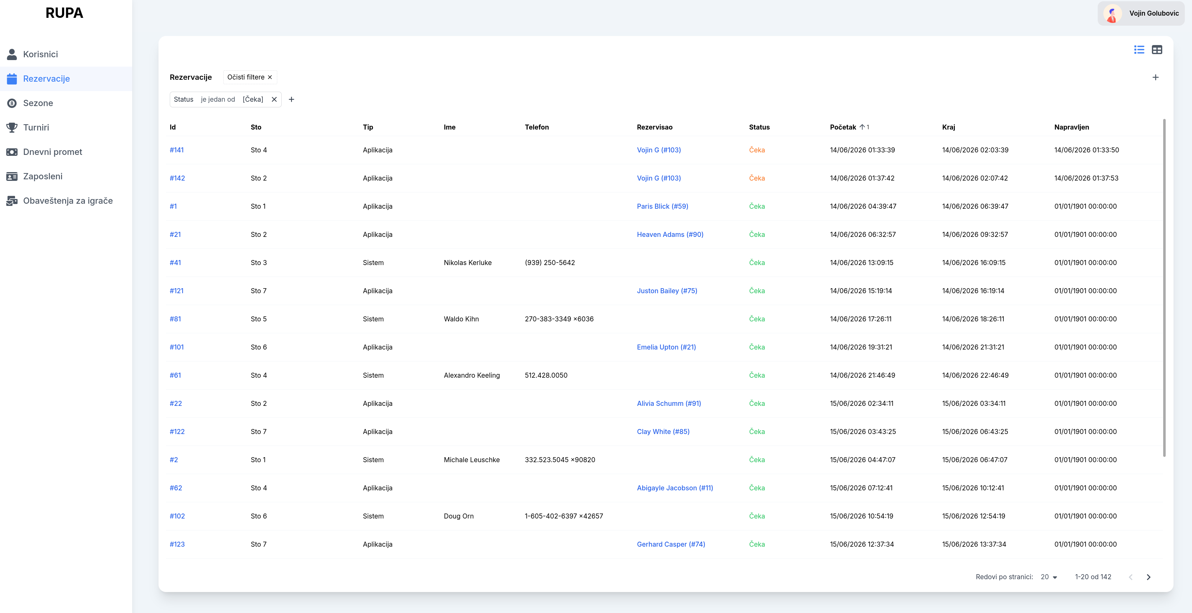 Rupa — platforma za bilijar klub: rezervacije, turniri, naplata sesija po stolu, sa nativnom aplikacijom i dashboard-om